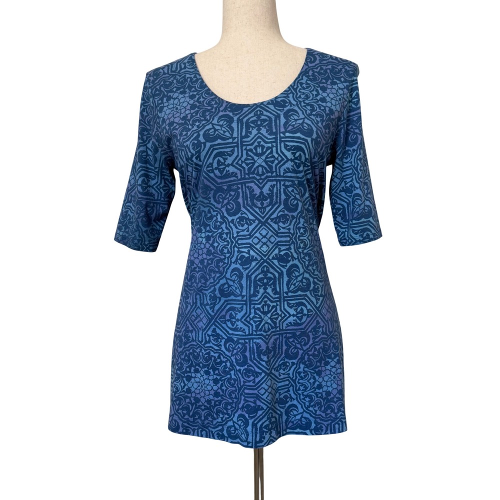 Peruvian Connection Pima Cotton Modal Tunic Top Blue Medallion Print Small